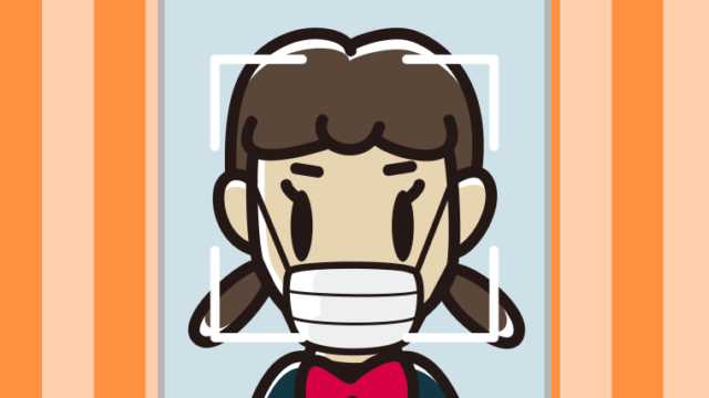 マスクをして顔認証をする女子中学生のイラスト【色、背景あり】PNG