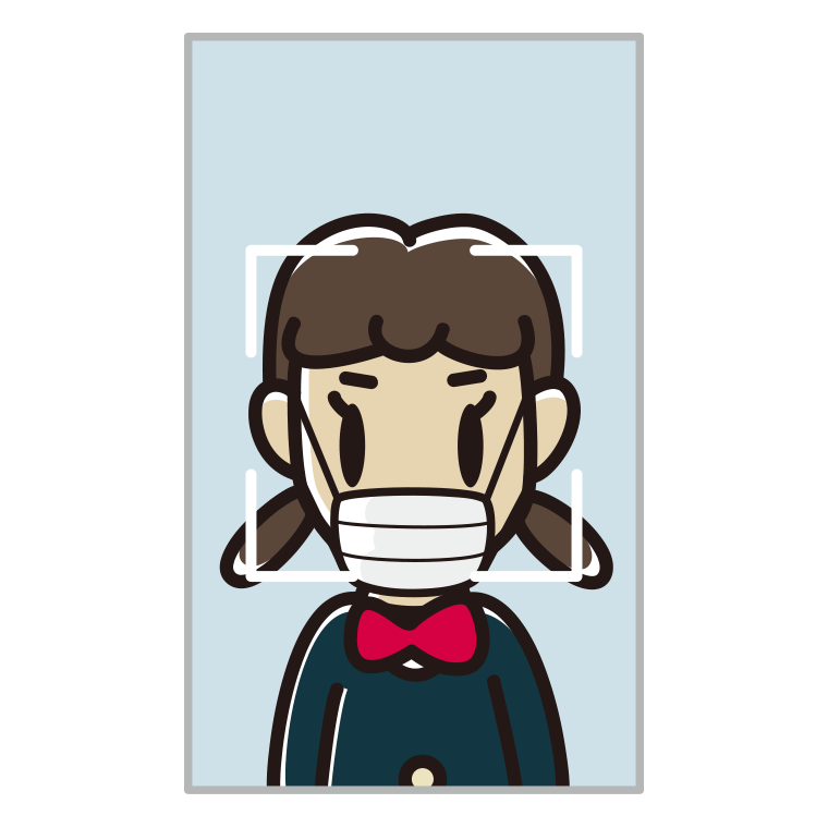 マスクをして顔認証をする女子中学生のイラスト【色あり、背景なし】透過PNG