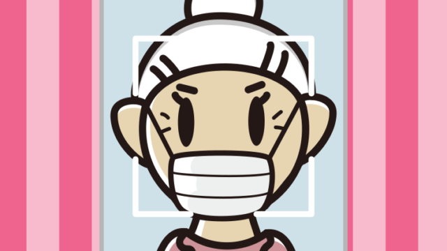 マスクをして顔認証をするおばあさんのイラスト【色、背景あり】PNG