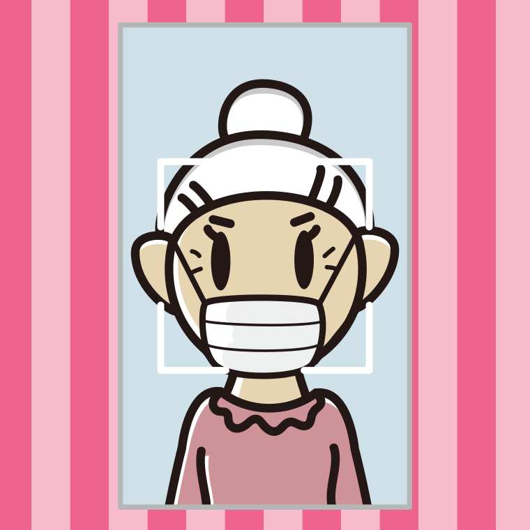 マスクをして顔認証をするおばあさんのイラスト【色、背景あり】PNG