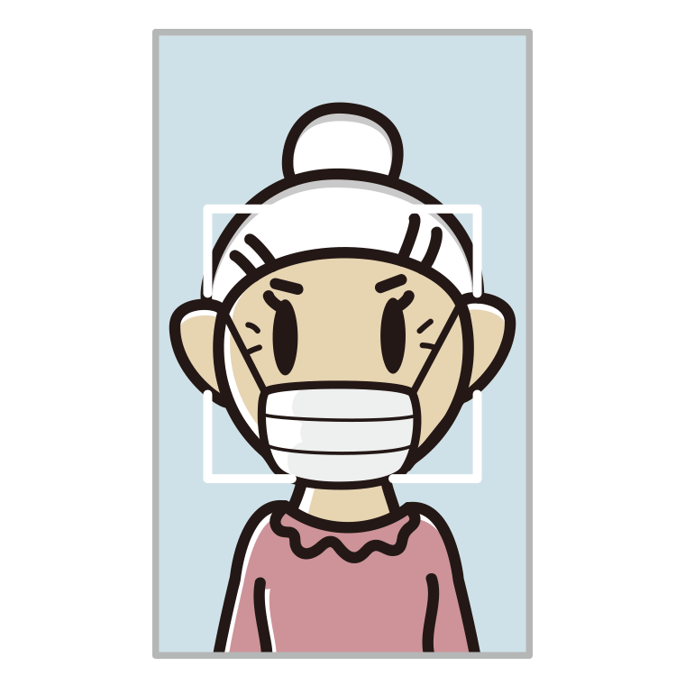 マスクをして顔認証をするおばあさんのイラスト【色あり、背景なし】透過PNG