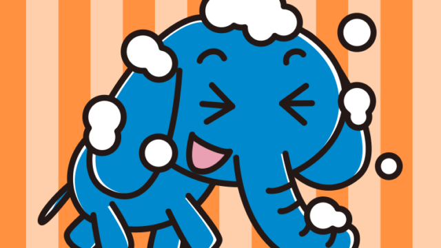 体を洗うゾウちゃんのイラスト【色、背景あり】PNG