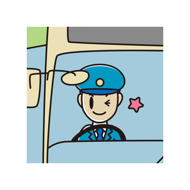 ウインクする路線バス男性運転手のイラスト【色あり、背景なし】透過PNG
