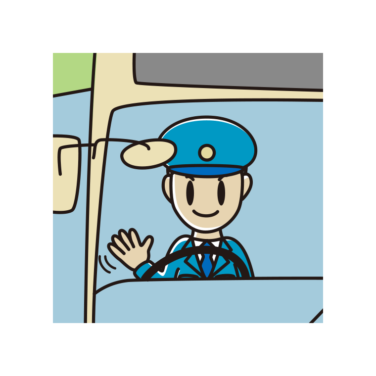 手を振る路線バス男性運転手のイラスト【色あり、背景なし】透過PNG