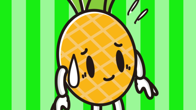 苦笑いするパイナップルちゃんのイラスト【色、背景あり】PNG