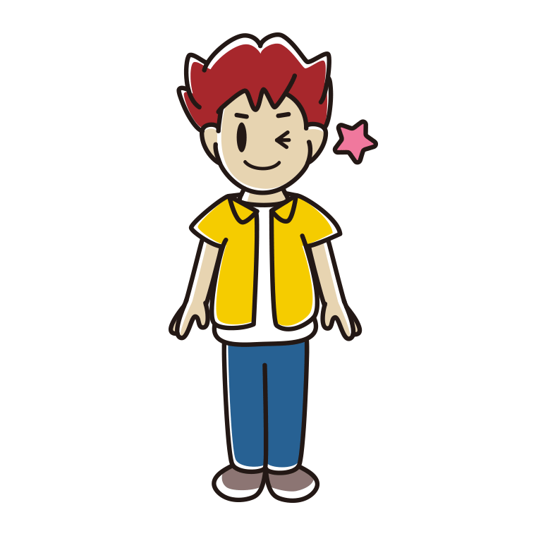 ウインクする男子大学生のイラスト【色あり、背景なし】透過PNG