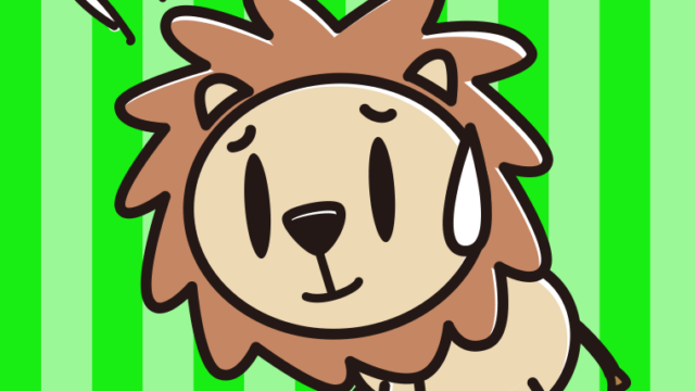 苦笑いするライオンちゃんのイラスト【色、背景あり】PNG