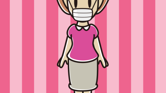 マスクをして立っている女性のイラスト【色、背景あり】PNG