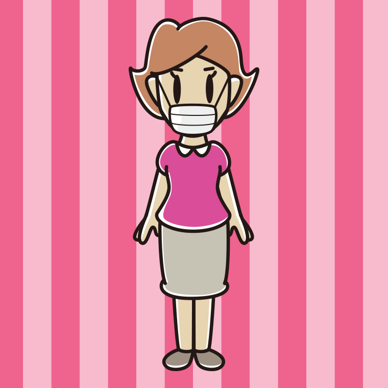 マスクをして立っている女性のイラスト【色、背景あり】PNG