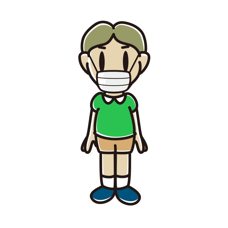 マスクをして立っている小学生男子のイラスト【色あり、背景なし】透過PNG