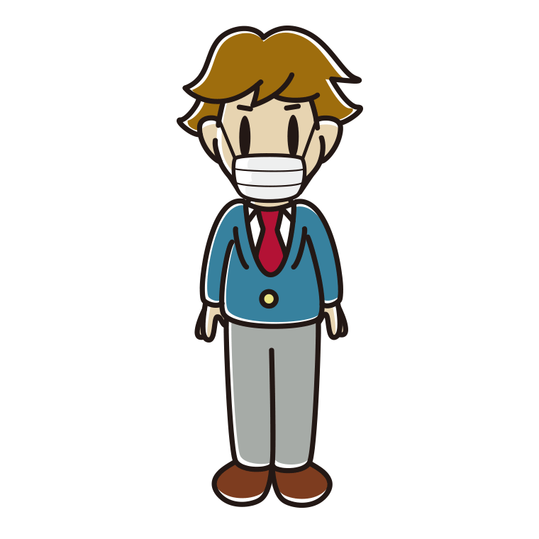 マスクをして立っている男子高校生のイラスト【色あり、背景なし】透過PNG