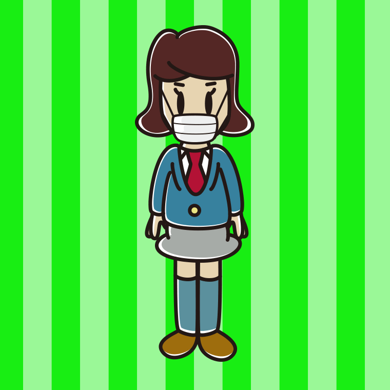 マスクをして立っている女子高校生のイラスト【色、背景あり】PNG