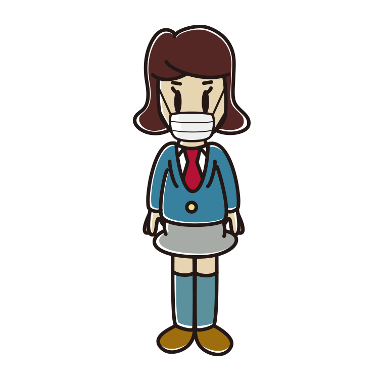 マスクをして立っている女子高校生のイラスト【色あり、背景なし】透過PNG