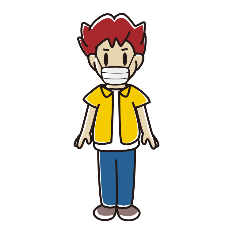 マスクをして立っている男子大学生のイラスト【色あり、背景なし】透過PNG