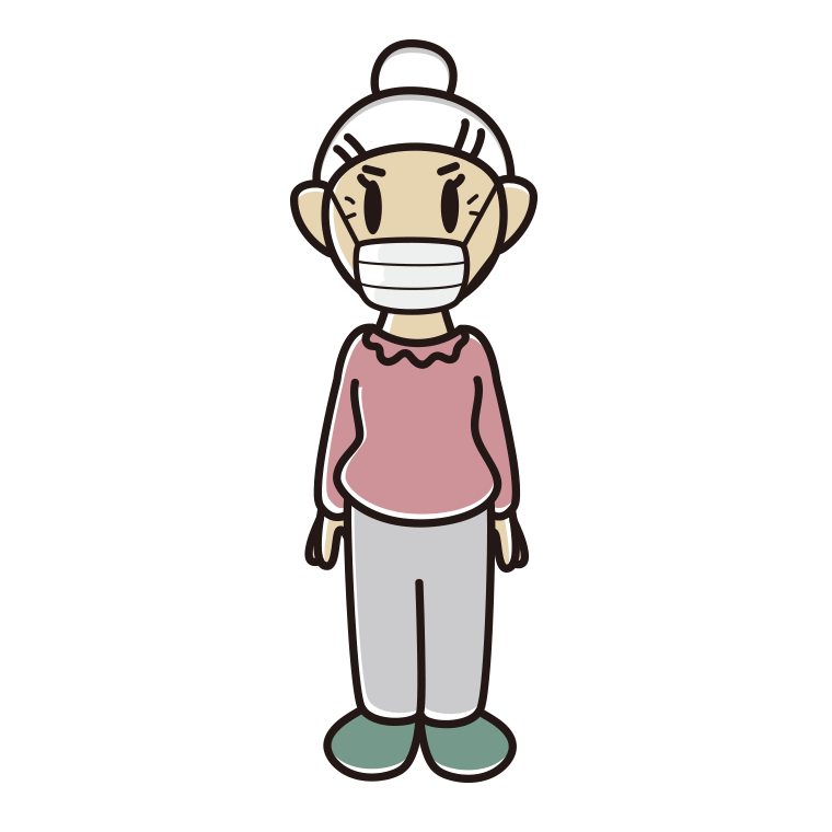 マスクをして立っているおばあさんのイラスト【色あり、背景なし】透過PNG