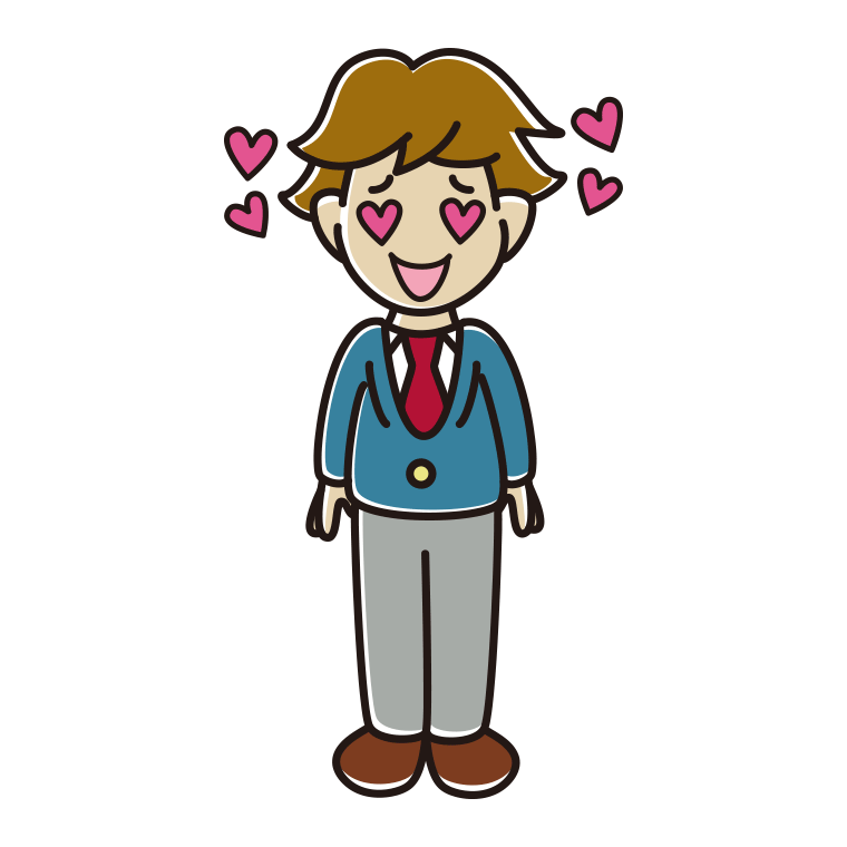 目がハートの男子高校生のイラスト【色あり、背景なし】透過PNG