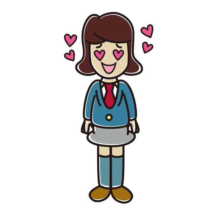 目がハートの女子高校生のイラスト【色あり、背景なし】透過PNG