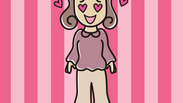 目がハートの女子大学生のイラスト【色、背景あり】PNG