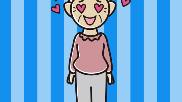 目がハートのおばあさんのイラスト【色、背景あり】PNG