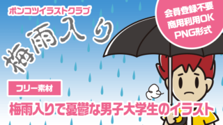 【フリー素材】梅雨入りで憂鬱な男子大学生のイラスト