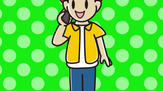 スマホで話す男子大学生のイラスト【色、背景あり】PNG