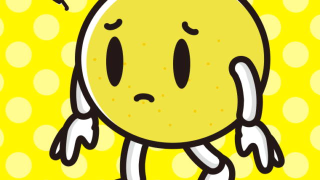 悲しそうなグレープフルーツちゃんのイラスト【色、背景あり】PNG