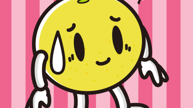 苦笑いするグレープフルーツちゃんのイラスト【色、背景あり】PNG