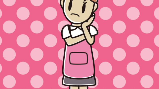 考えるお母さんのイラスト【色、背景あり】PNG