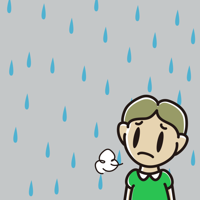 雨で困る小学生男子のイラスト【色、背景あり】PNG