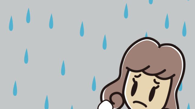 雨で困る女子大学生のイラスト【色、背景あり】PNG