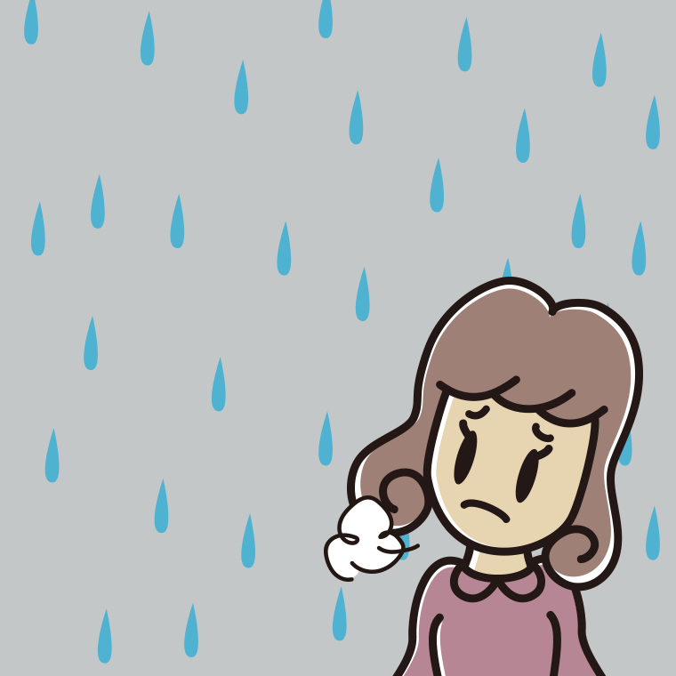 雨で困る女子大学生のイラスト【色、背景あり】PNG