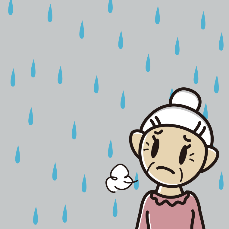 雨で困るおばあさんのイラスト【色、背景あり】PNG
