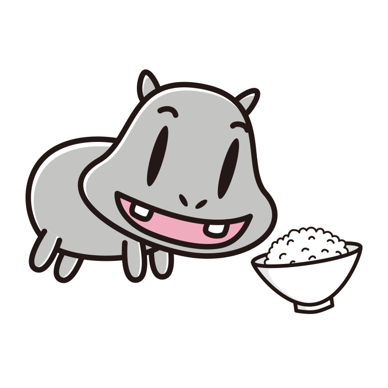 ごはんを食べるカバちゃんのイラスト【色あり、背景なし】透過PNG