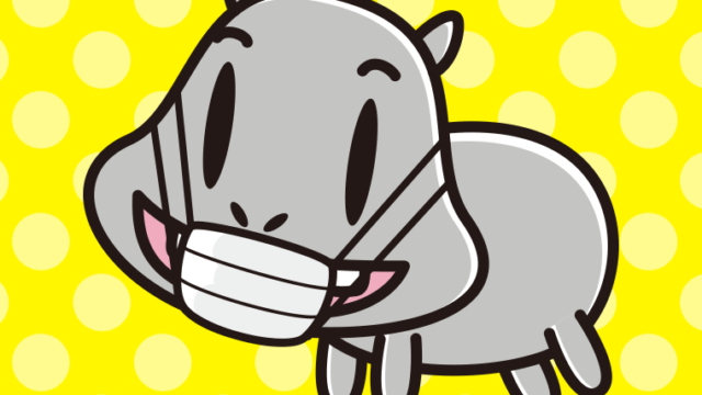 マスクをするカバちゃんのイラスト【色、背景あり】PNG