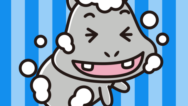 体を洗うカバちゃんのイラスト【色、背景あり】PNG