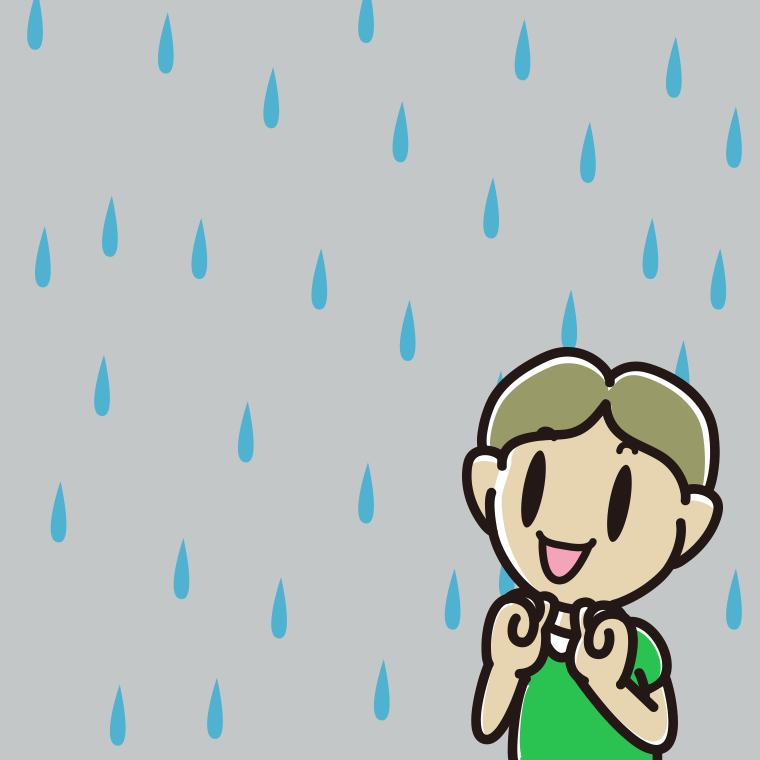 雨で嬉しい小学生男子のイラスト【色、背景あり】PNG