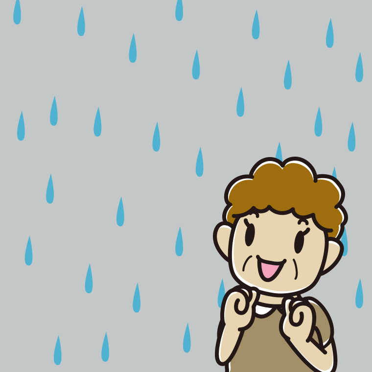 雨で嬉しいおばさんのイラスト【色、背景あり】PNG