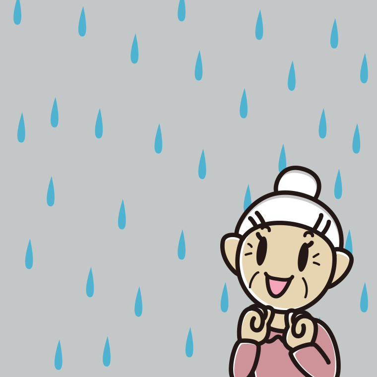 雨で嬉しいおばあさんのイラスト【色、背景あり】PNG