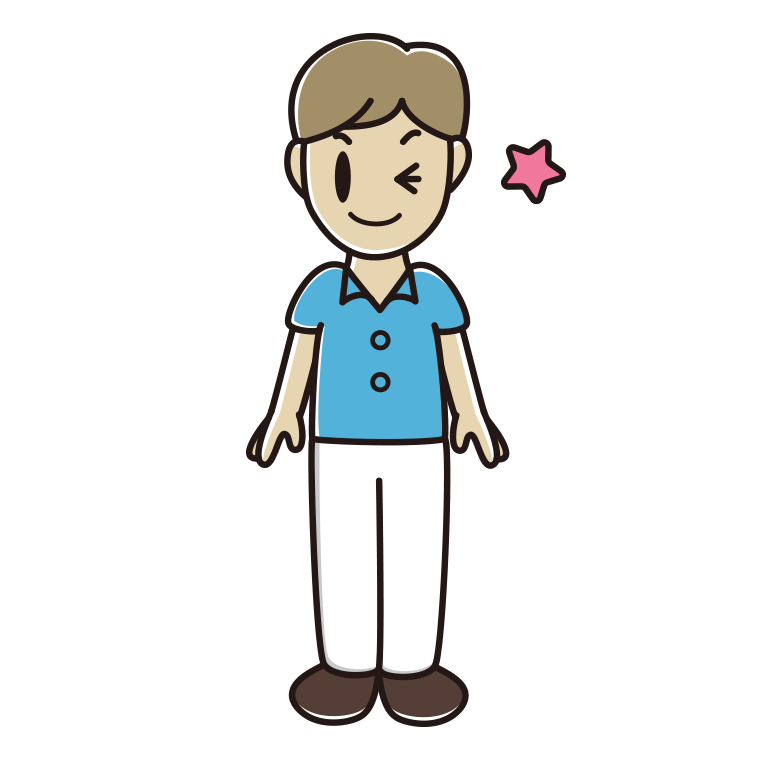 ウインクする男性会社員（クールビズ）のイラスト【色あり、背景なし】透過PNG