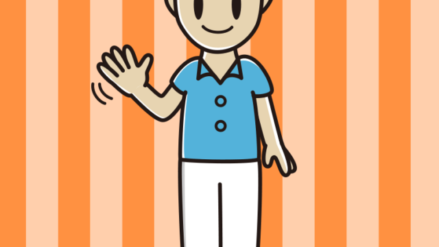 手を振る男性会社員（クールビズ）のイラスト【色、背景あり】PNG