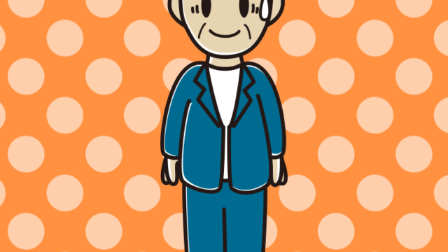 苦笑いする年配男性会社員（カジュアル）のイラスト【色、背景あり】PNG