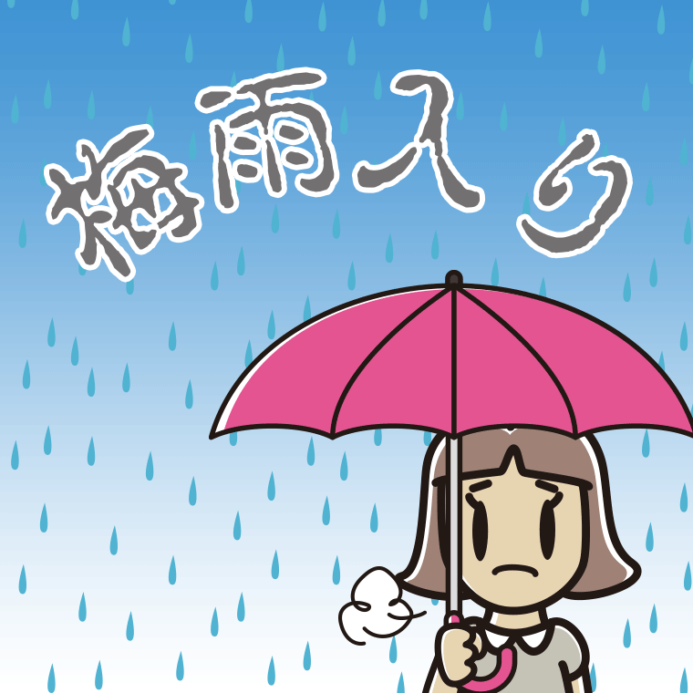 梅雨入りで憂鬱な小学生女子のイラスト【色、背景あり】PNG
