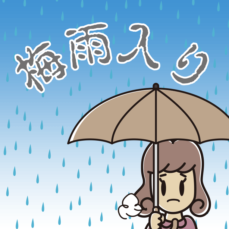 梅雨入りで憂鬱な女子大学生のイラスト【色、背景あり】PNG