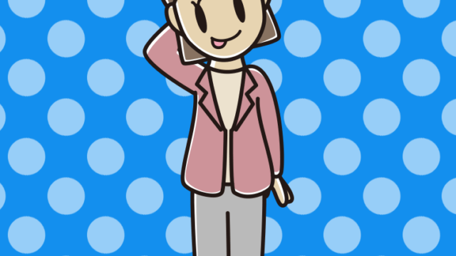 テヘヘな女性会社員（カジュアル）のイラスト【色、背景あり】PNG