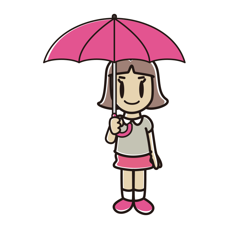 傘をさしている小学生女子のイラスト【色あり、背景なし】透過PNG