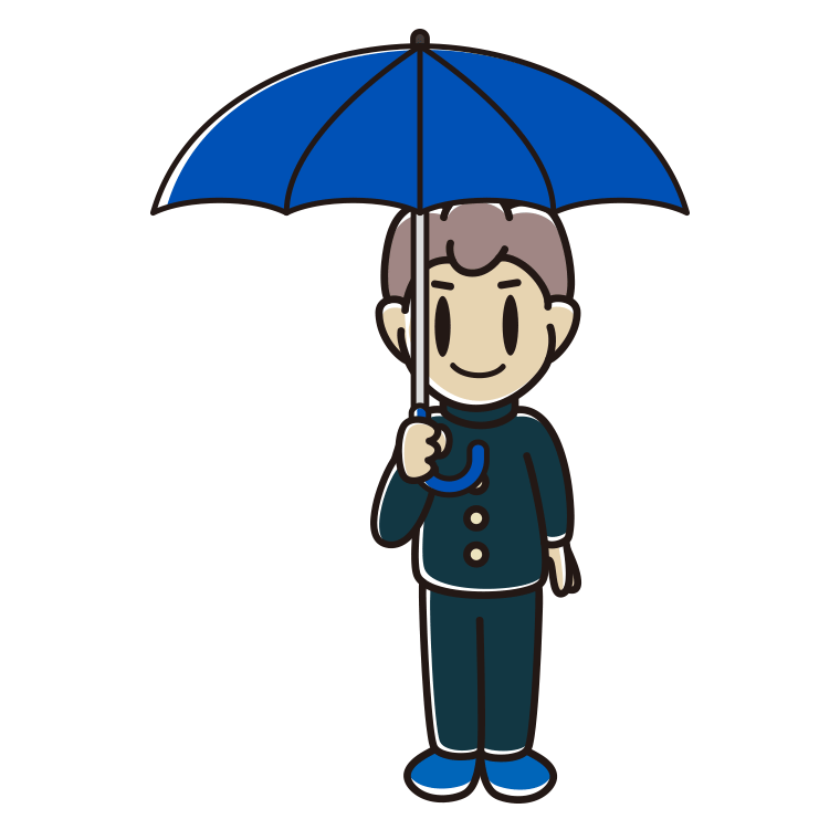 傘をさしている男子中学生のイラスト【色あり、背景なし】透過PNG