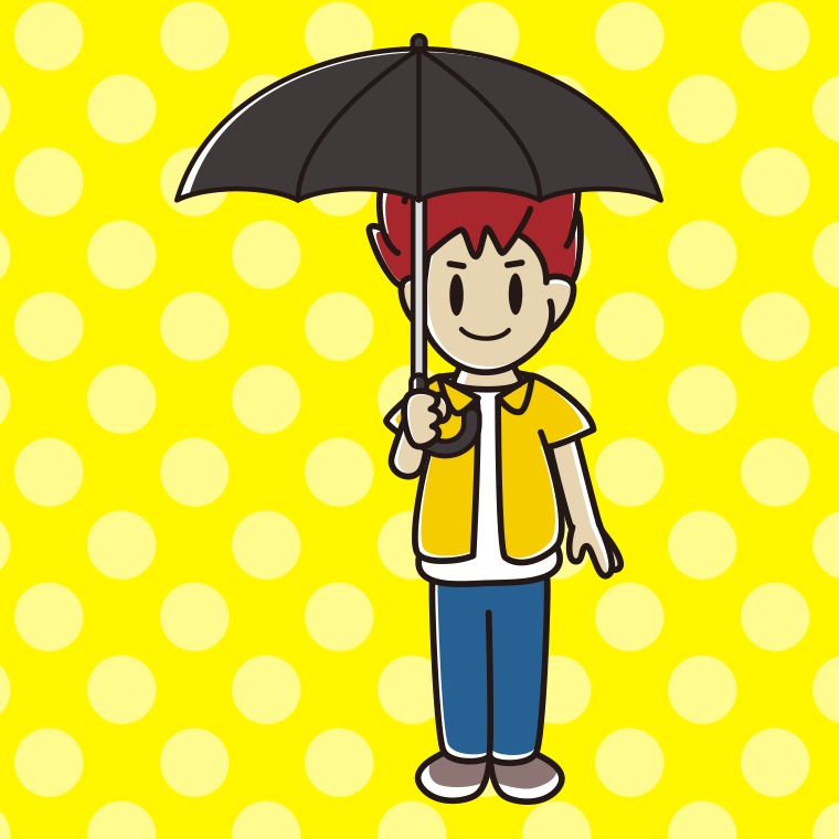 傘をさしている男子大学生のイラスト【色、背景あり】PNG