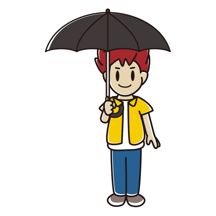 傘をさしている男子大学生のイラスト【色あり、背景なし】透過PNG