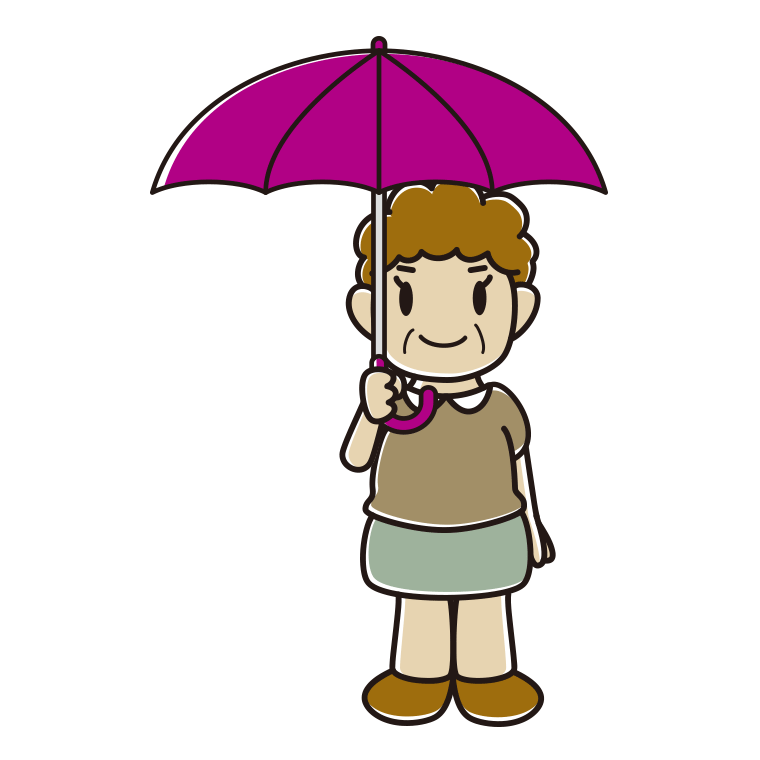 傘をさしているおばさんのイラスト【色あり、背景なし】透過PNG