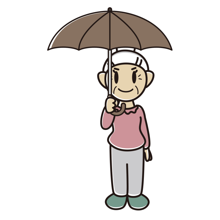 傘をさしているおばあさんのイラスト【色あり、背景なし】透過PNG